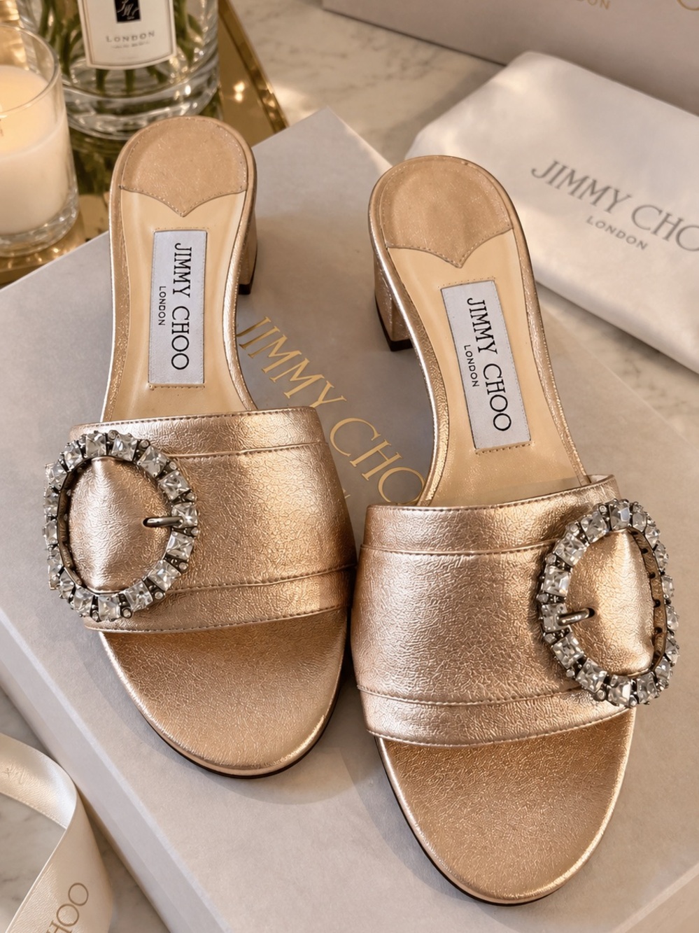 Jimmy Choo Rose Gold Crystal Buckle Slide Mules
